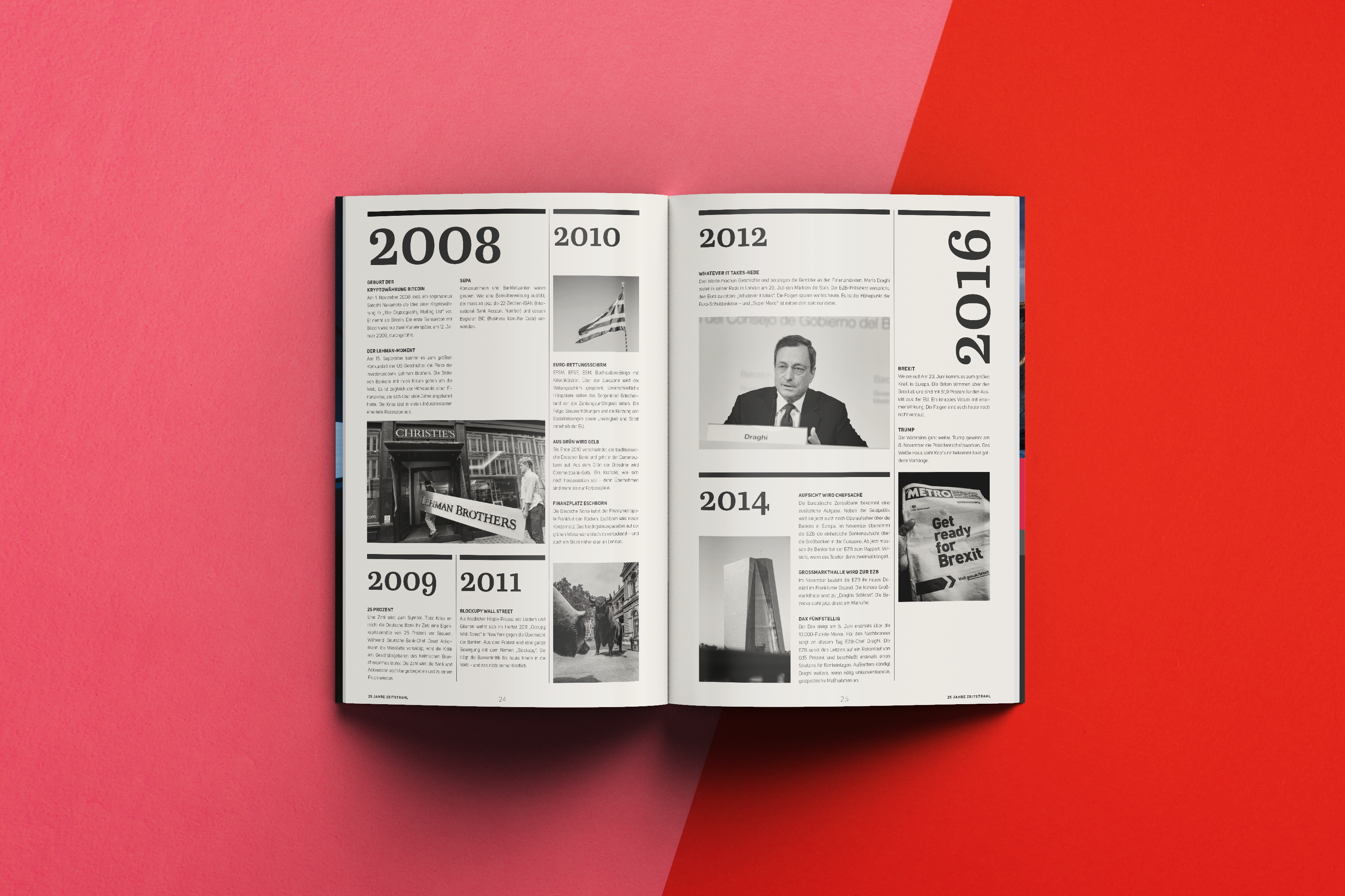 Doppelseiten-Gestaltung des Printproduktes: 25 Jahre Finanzgeschichte blila.